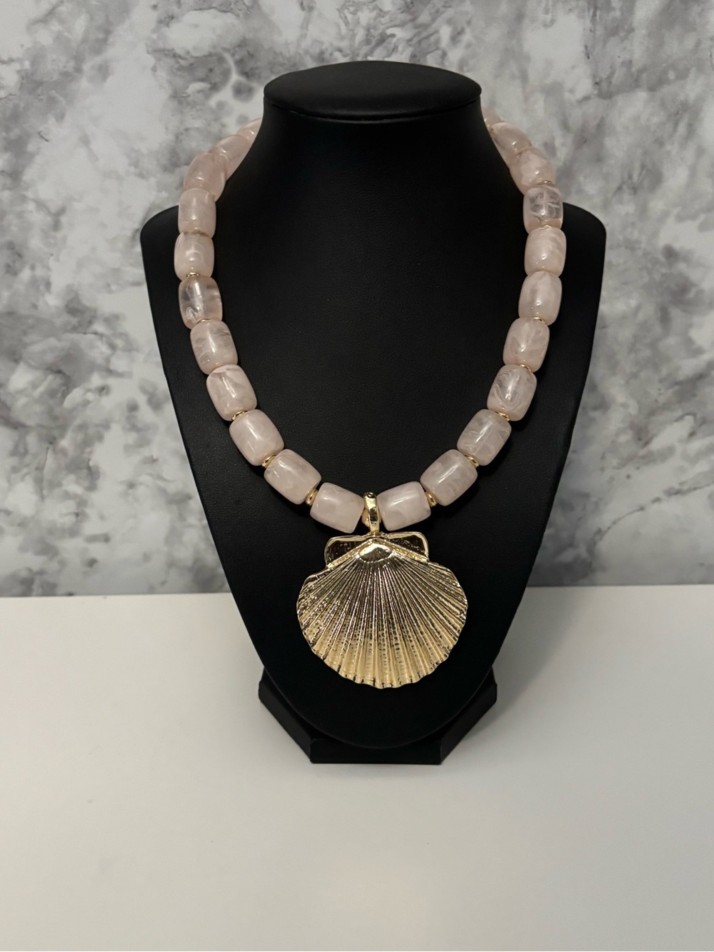 Pink Beaded Necklace with Gold Shell Pendant